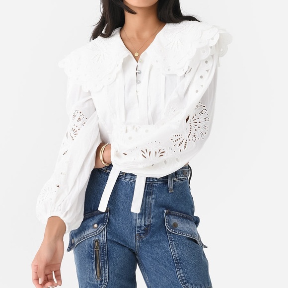 FARM RIO WOMEN'S RICHELIEU BIG COLLAR Eyelet BLOUSE Off White Sz S - Picture 2 of 16
